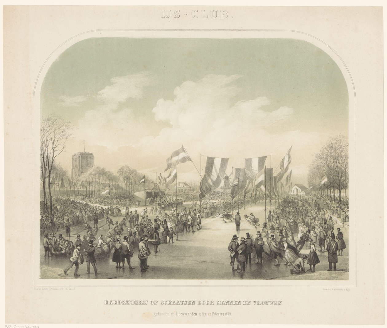 luistelukilpailu Miesten ja naisten jääkerho / pikaluistelu Leeuwardenissa 22. helmikuuta 1855 (otsikko esineessä) tekijältä Willem Troost (II)