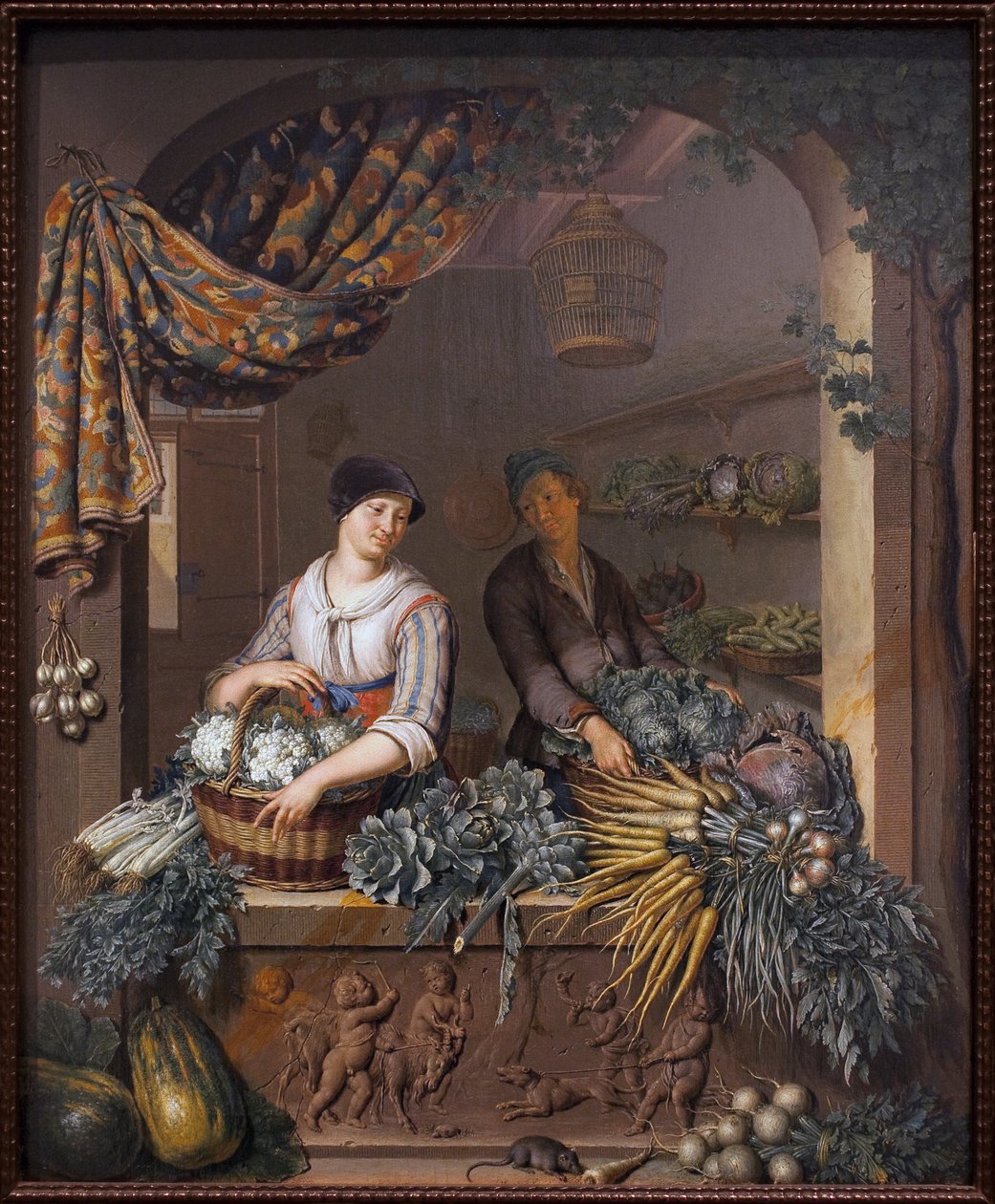 Vihannesmyyjä. Willem van Mierisin (1662-1747) maalaus, öljy puulle tekijältä Willem Van Mieris