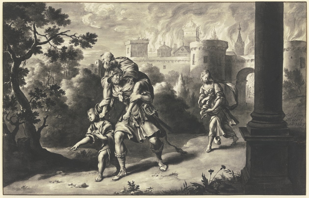Aeneas pelastaa Anchiseen palavasta Troijasta tekijältä Willem Van Mieris
