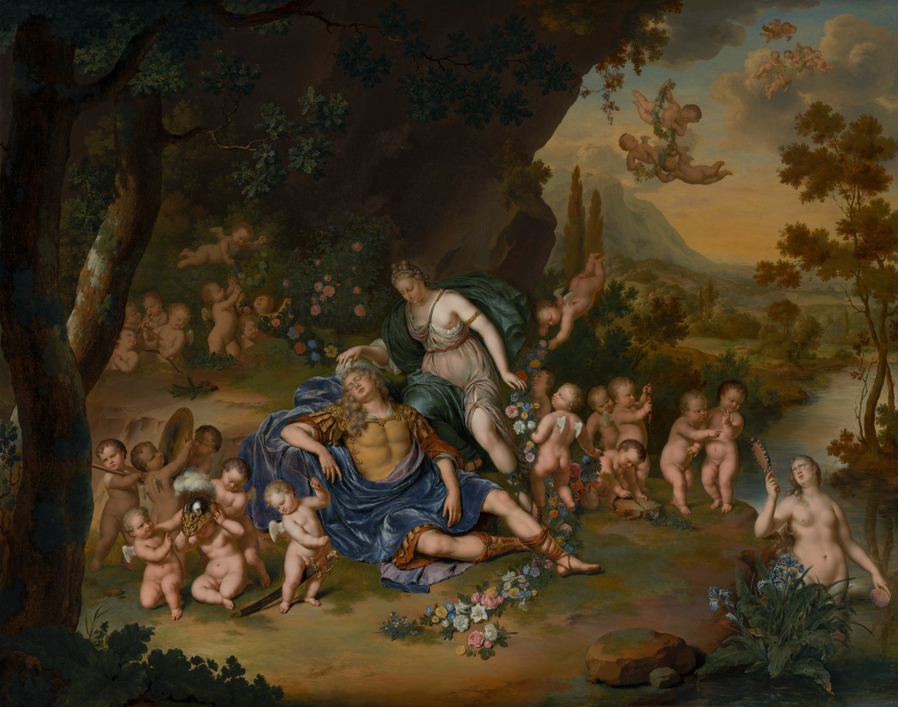 Armida sitoo nukkuvan Rinaldon kukilla tekijältä Willem Van Mieris