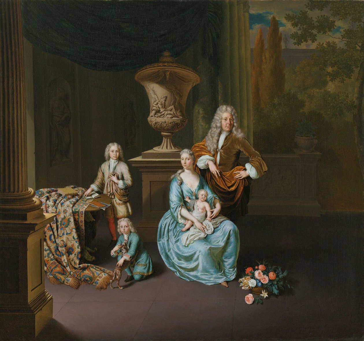 Diederik Baron van Leyden van Vlaardingen (1695-1764). Leidenin porvaristomies, vaimonsa Sophia Dina de Roveren ja heidän poikiensa Pieter, Jan ja Adriaan Pompejus tekijältä Willem Van Mieris
