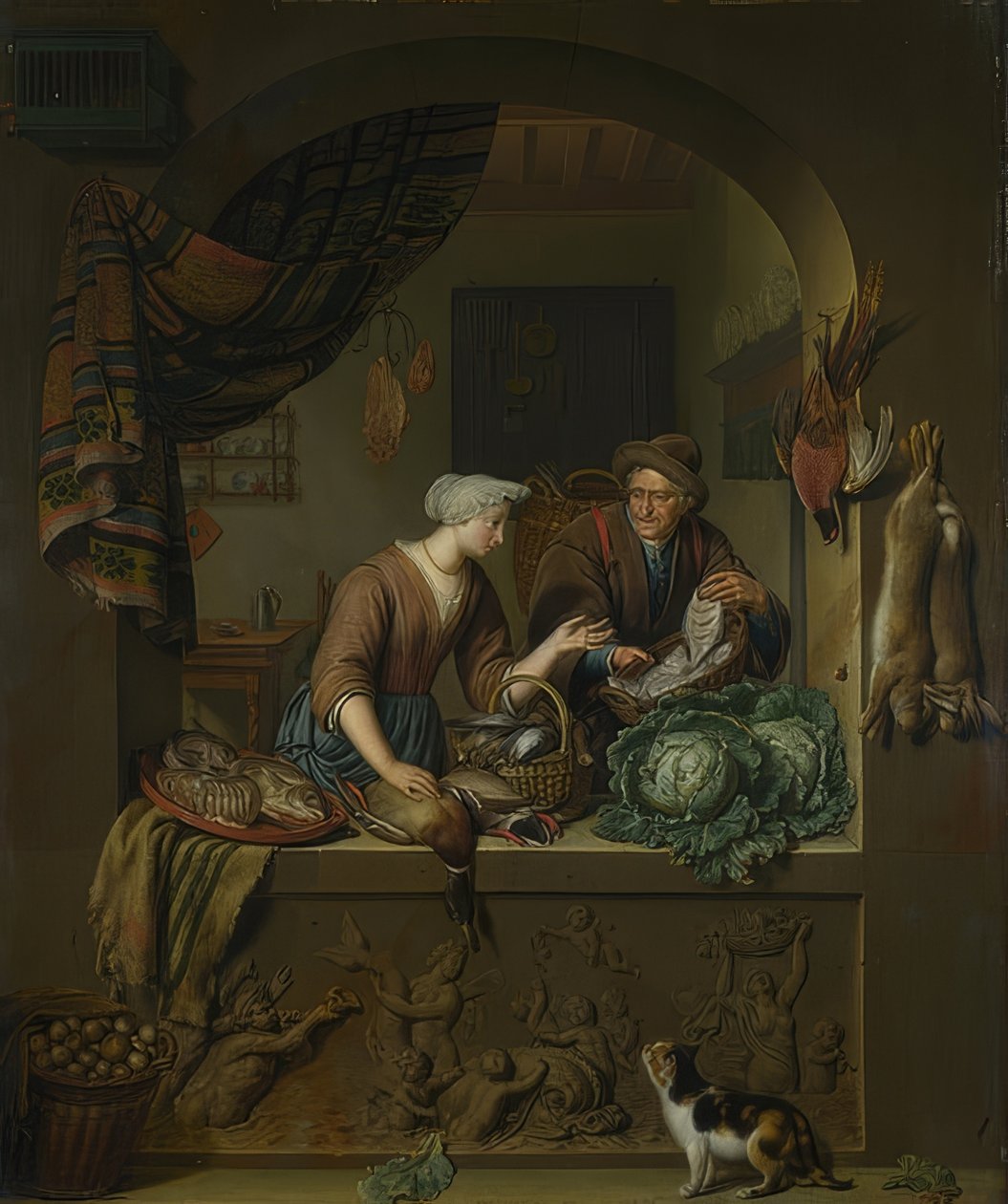Nainen ja kalakauppias keittiössä. 1713 tekijältä Willem Van Mieris