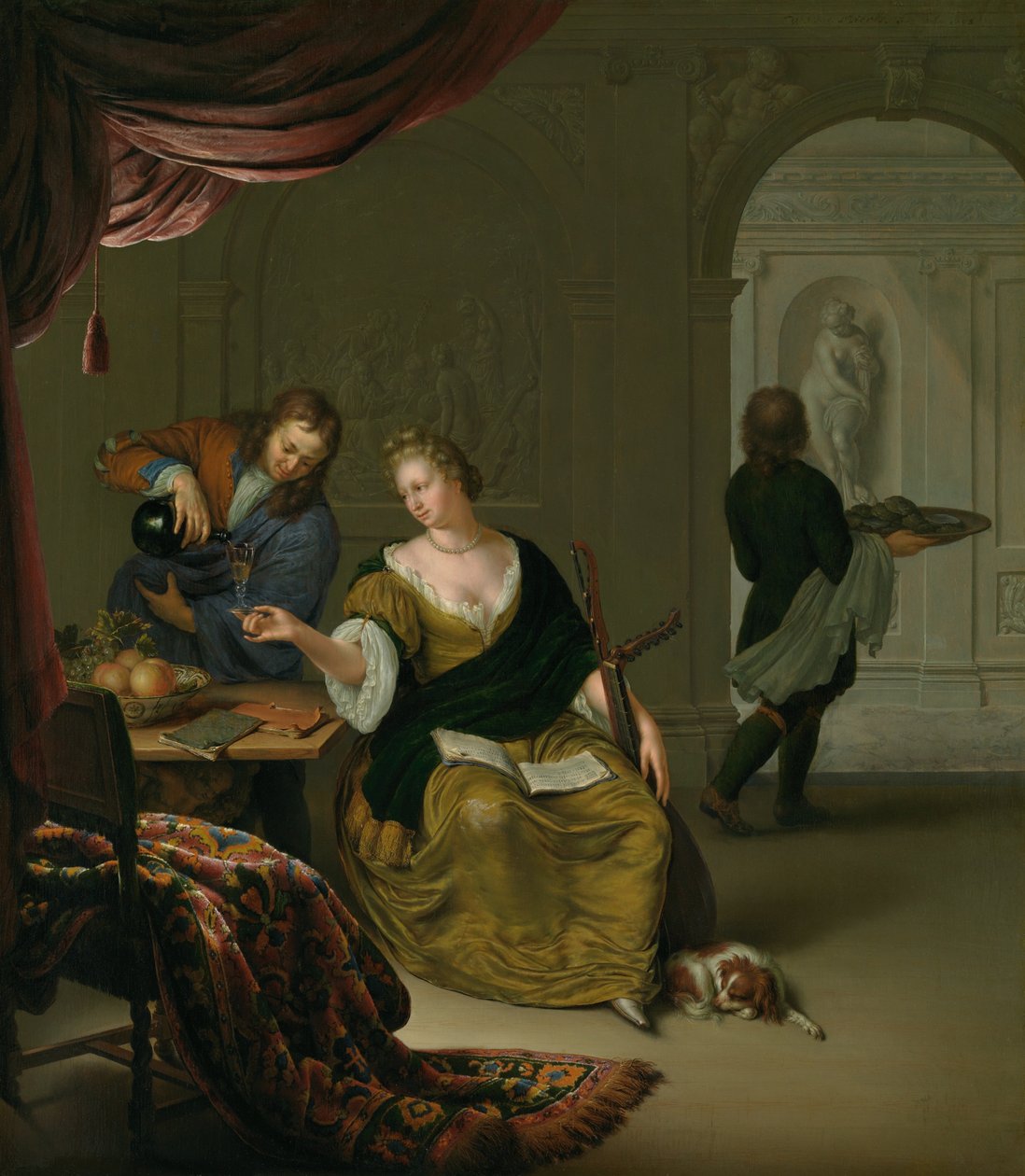 Laiminlyöty luuttu Nainen luutun kanssa nauttimassa viiniä rikkaassa sisustuksessa, 1705. tekijältä Willem Van Mieris