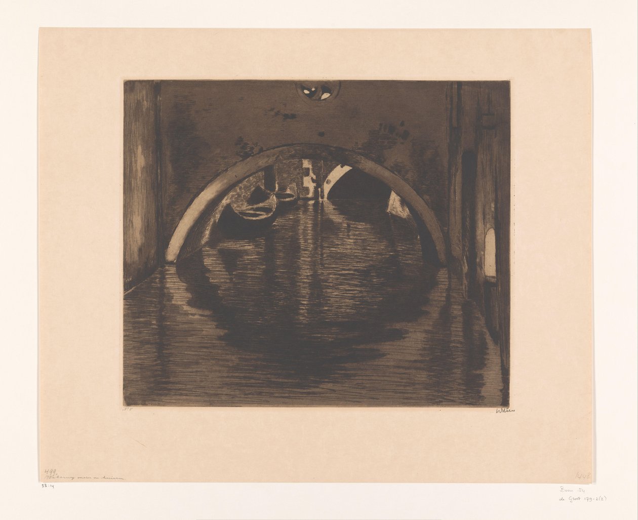 Näkymä sillan alta kahdella soutuveneellä Under the Bridge, Venetsia (alkuperäinen nimi) tekijältä Willem Witsen (signed by artist)