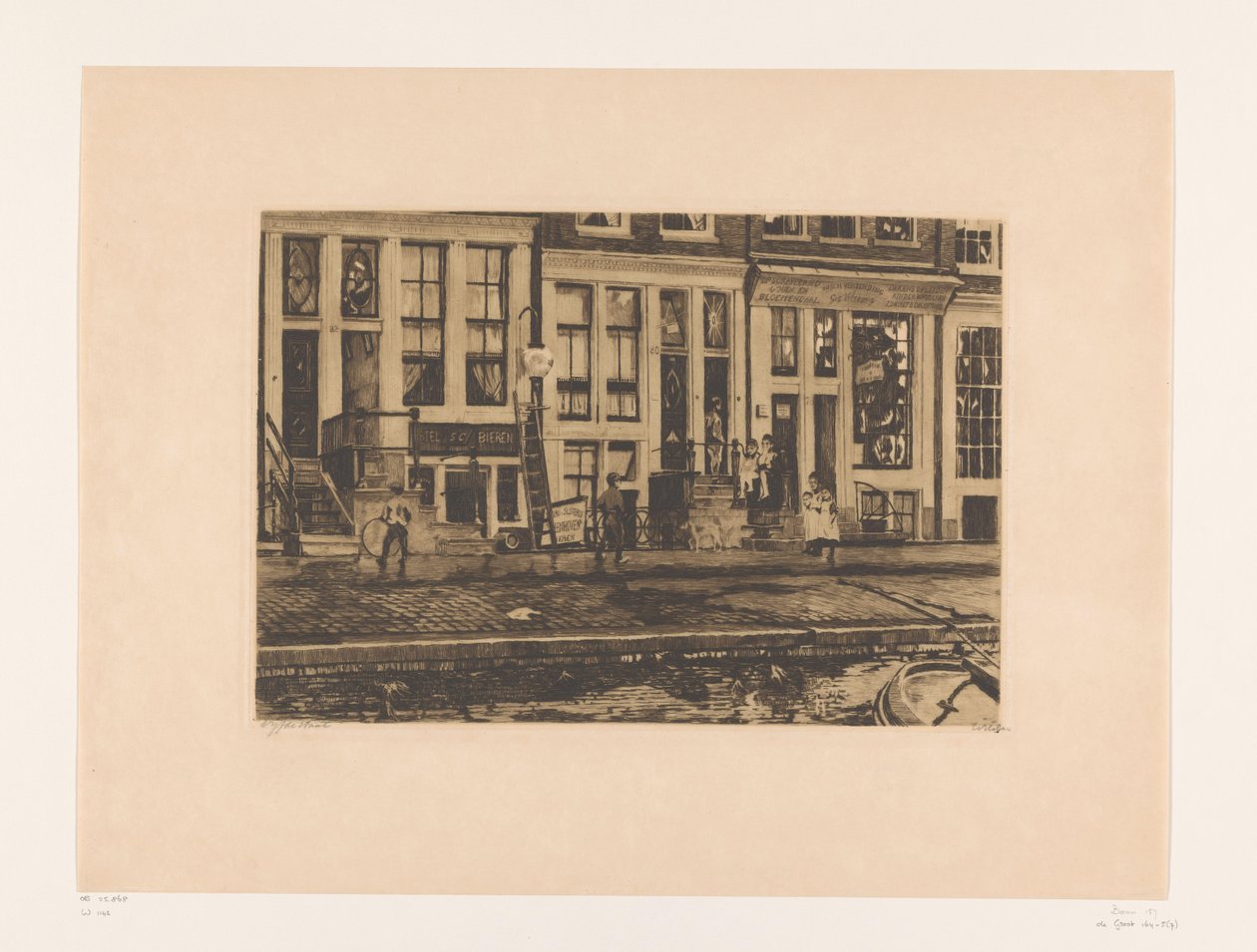 Näkymä Oude Waalille Amsterdamissa Oude Waal ja Veltkamp-sisarten pesutilat (alkuperäinen nimi) tekijältä Willem Witsen (signed by artist)