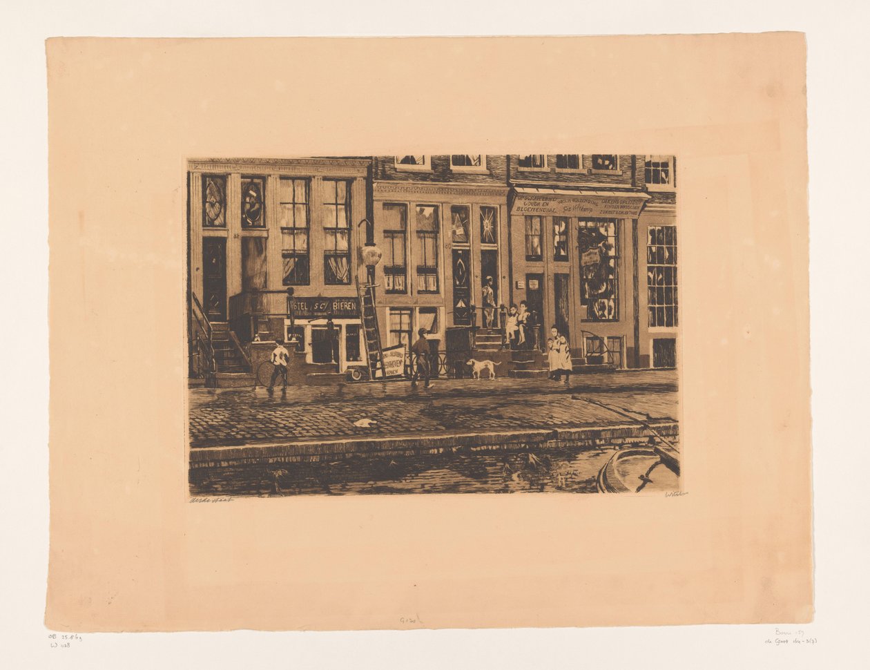 Näkymä Oude Waalille Amsterdamissa Oude Waal ja Veltkamp-sisarten pesutilat (alkuperäinen nimi) tekijältä Willem Witsen (signed by artist)