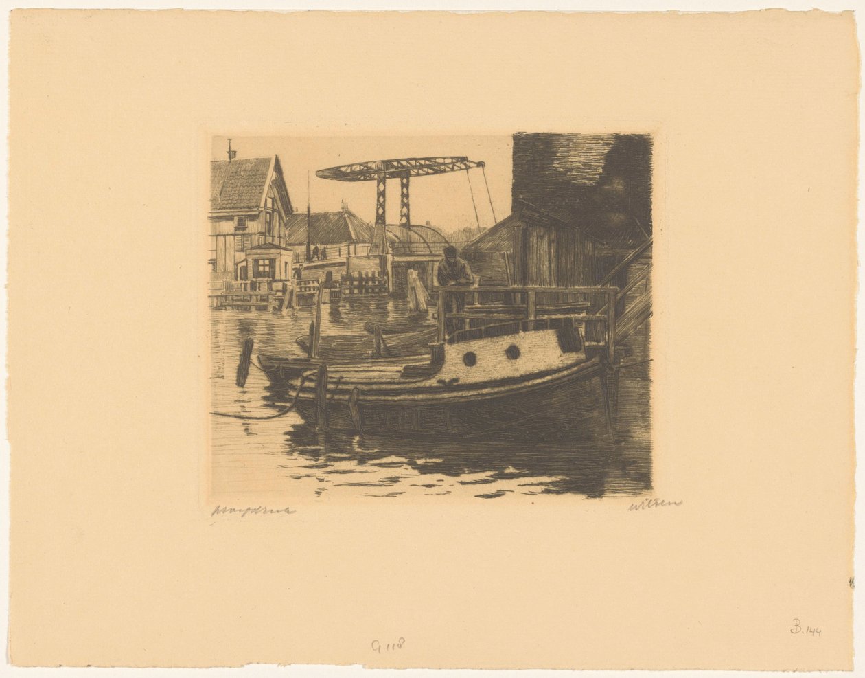Näkymä Kalkmarktin ja Gravenhekjen väliseltä laskusillalta Amsterdamissa tekijältä Willem Witsen (signed by artist)