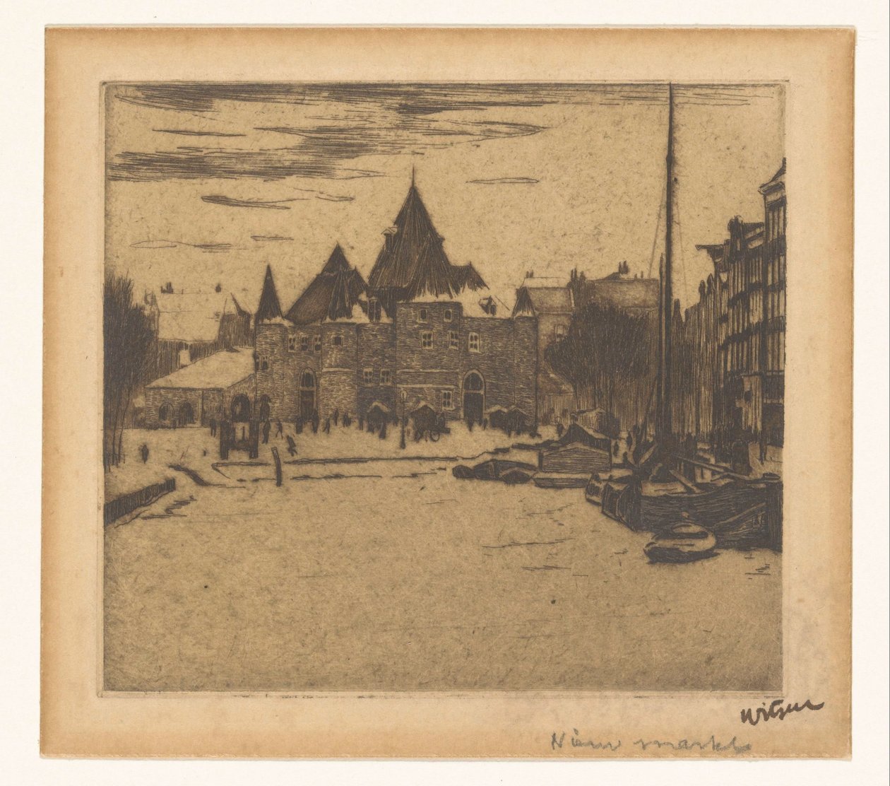 Nieuwmarkt Amsterdamissa Uusi markkina (otsikko esineessä) tekijältä Willem Witsen (signed by artist)