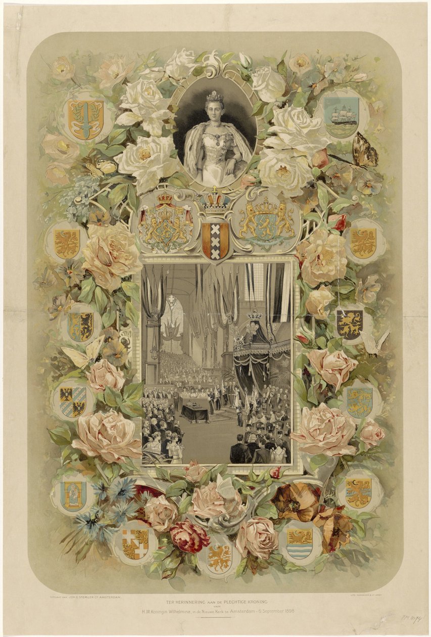 Kuningatar Wilhelminan juhlallisen kruunajaisen muistoksi Nieuwe Kerkissä Amsterdamissa - 6. syyskuuta 1898 (otsikko esineessä) tekijältä Willem Zwart
