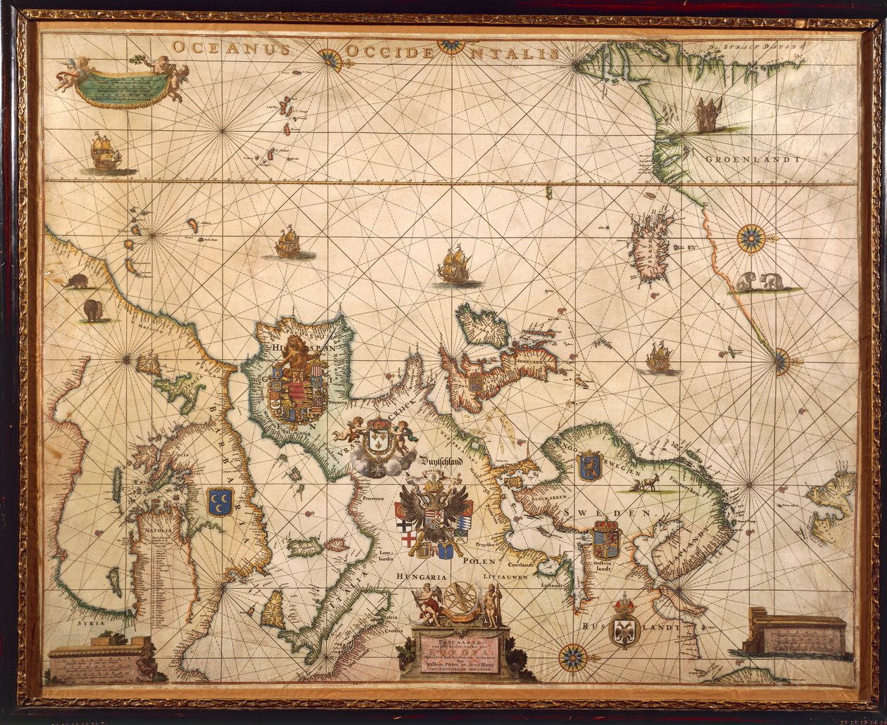 Euroopan rannikko, kartta pergamentilla, kirjoittaneet Willem ja Joan Blaeu tekijältä Willem and Joan  Blaeu