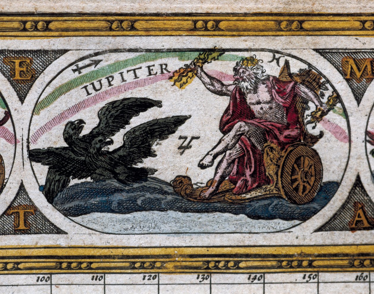 Esitys jumalasta, Jupiter taistelee mustia kotkia vastaan vaunuissaan (kaiverrus) "Le Theater du Mondessa" tekijältä Willem and Joan  Blaeu