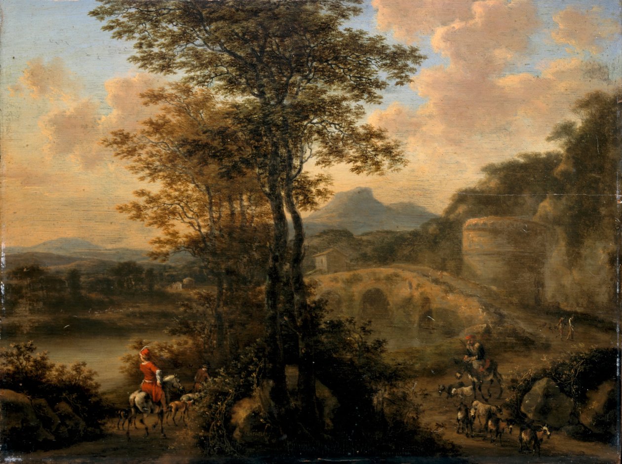 Italian jokimaisema kivisillalla, 1650 tekijältä Willem de Heusch