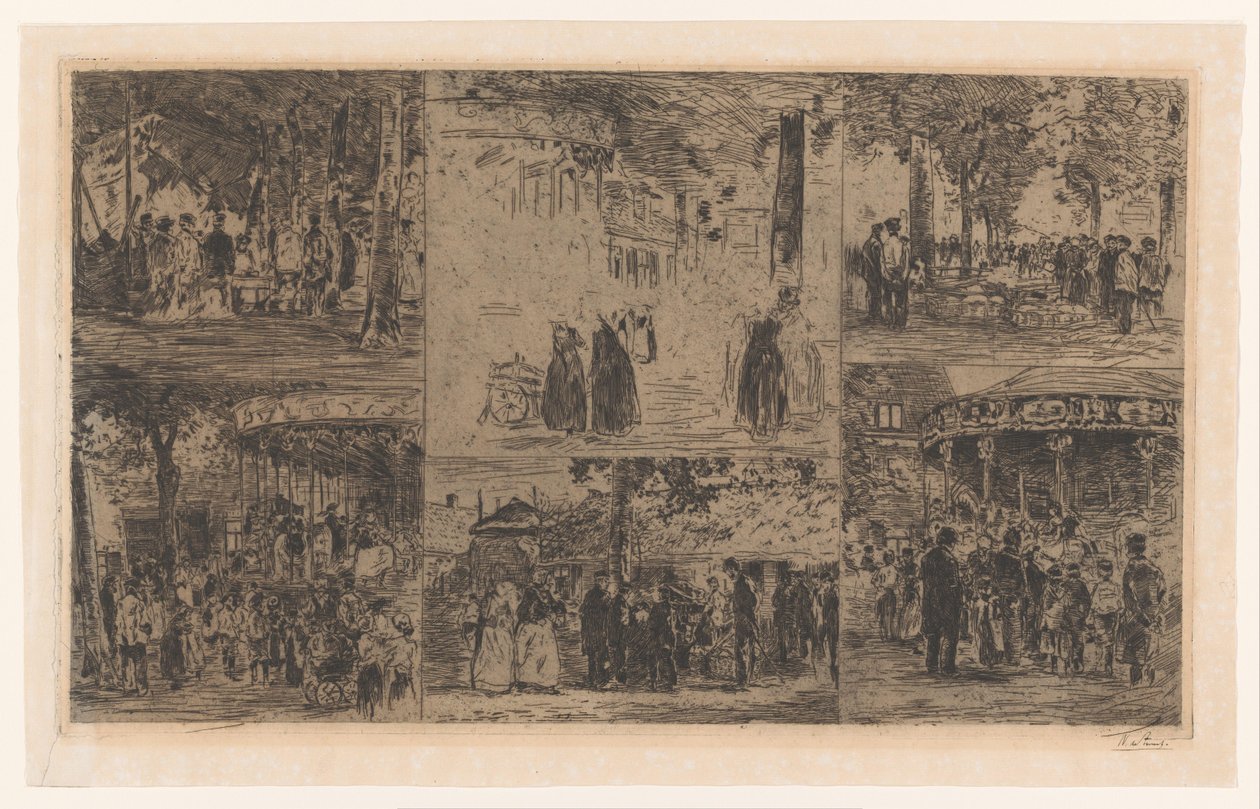 Kuusi luonnosta markkinapäivästä ja kylämessuista tekijältä Willem de Zwart (signed by artist)