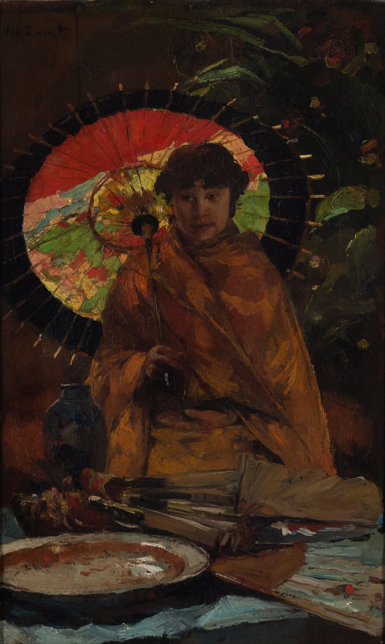 Tyttö japanilaisella päivänvarjolla, noin 1899 tekijältä Willem de Zwart
