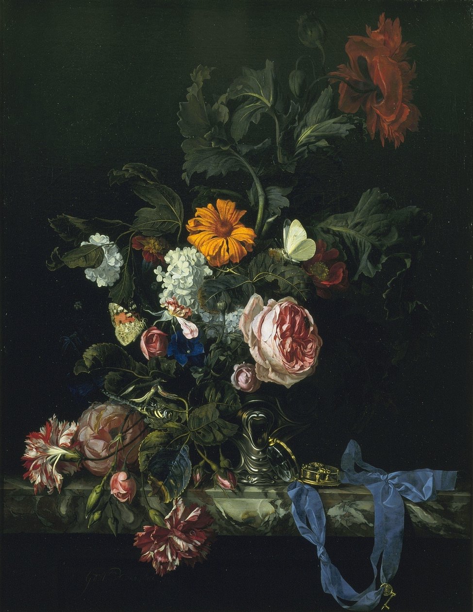 Kukka-asetelma, jossa on kello tekijältä Willem van Aelst