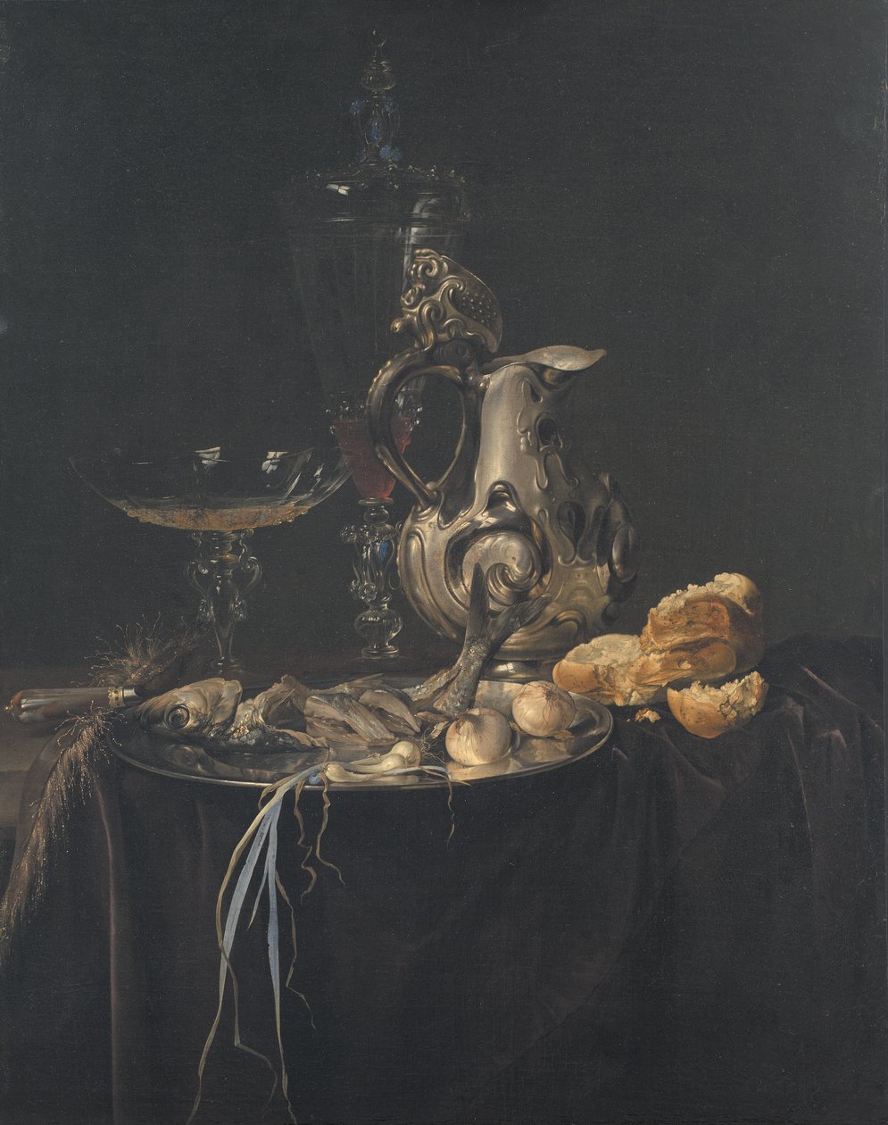 Asetelma. Aamiaispala hopeakannulla tekijältä Willem van Aelst