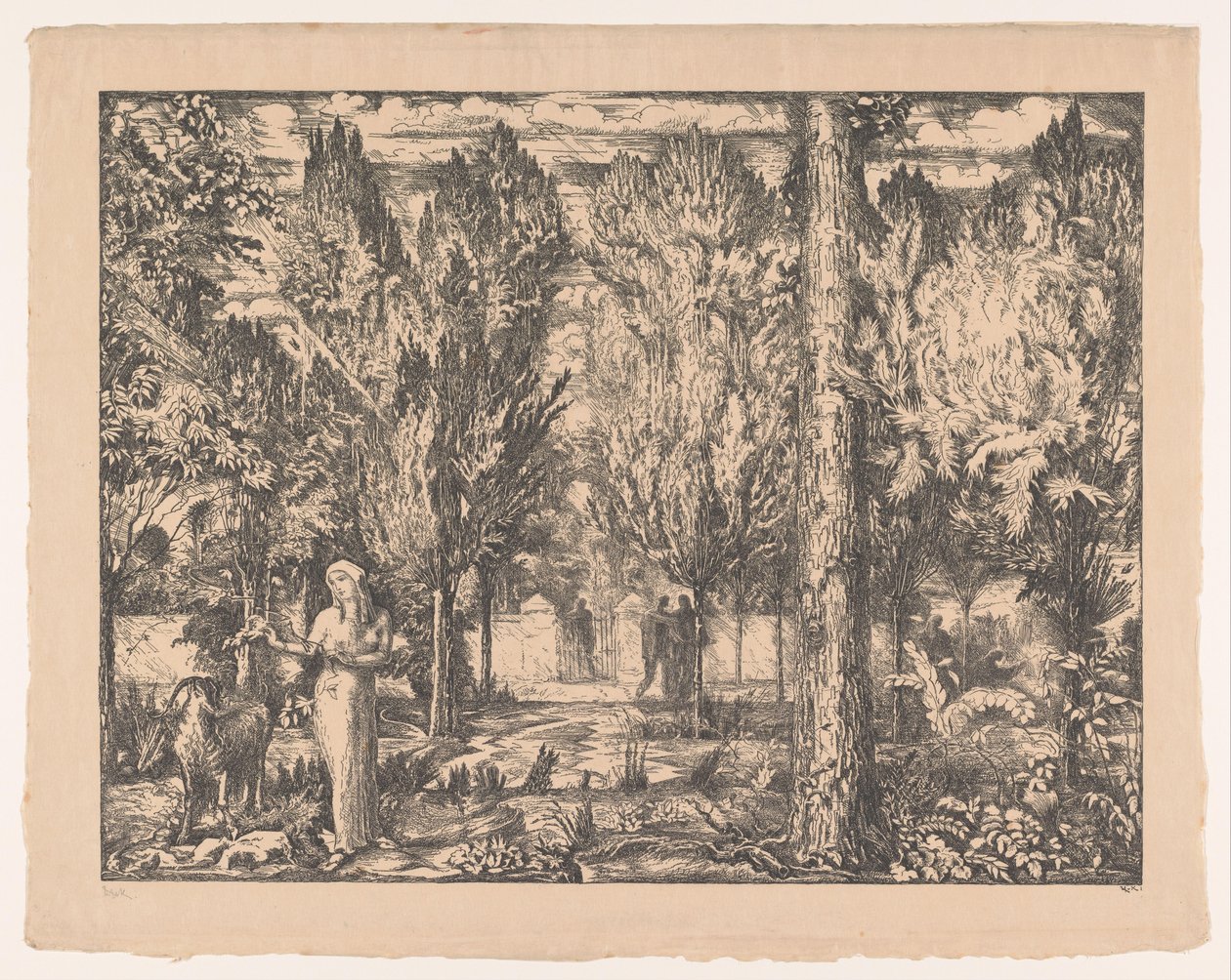Nainen ja pässi aidatussa puutarhassa The Park (alkuperäinen nimi) tekijältä Willem van Konijnenburg (signed by artist)