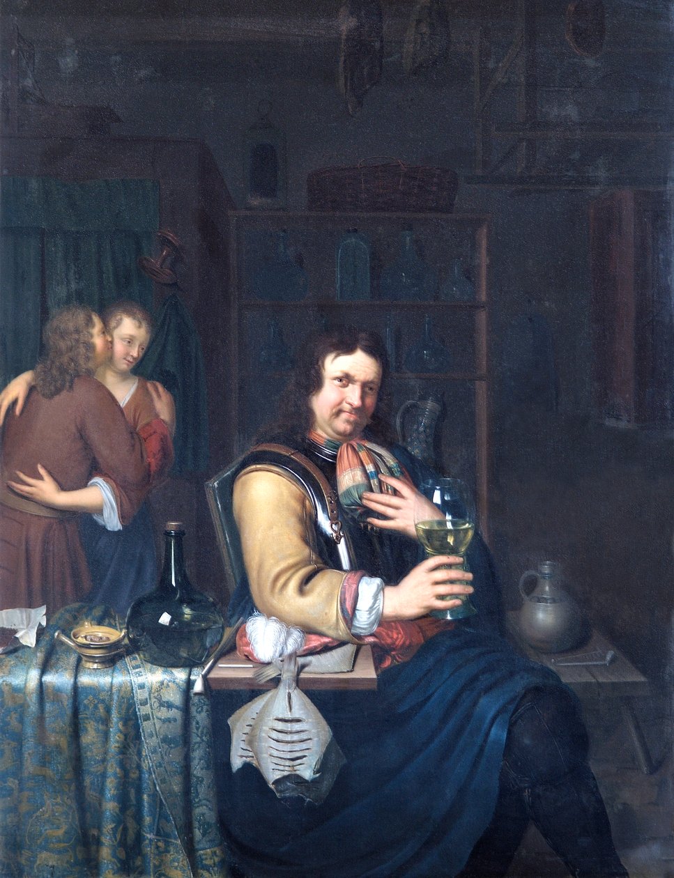 Sisustus Cavalier-juomalla ja pariskunnan syleilyllä, n. 1690-1700 (öljy tammipaneeliin) tekijältä Willem Van Mieris