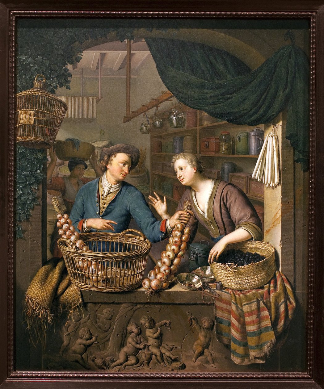 Sipulin myyjä. Willem van Mierisin (1662-1747) maalaus, öljy puulle tekijältä Willem Van Mieris