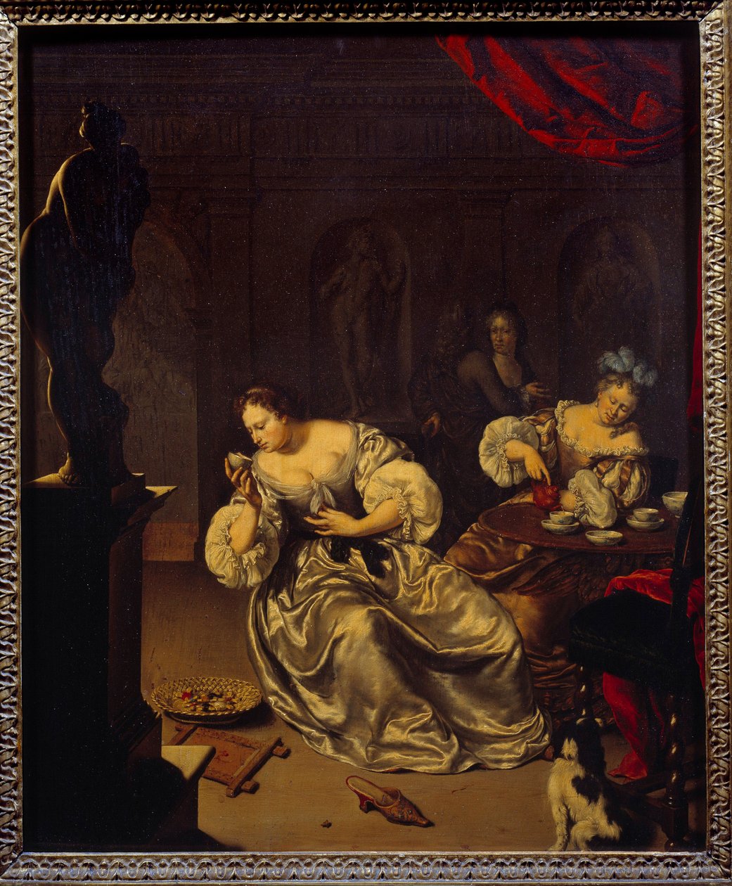 Hollannin aateliston naiset juomassa teetä. Willem van Mierisin (1662-1747) maalaus (ec.holl.) 1700-luvun su. 0,42x0,34 m tekijältä Willem Van Mieris