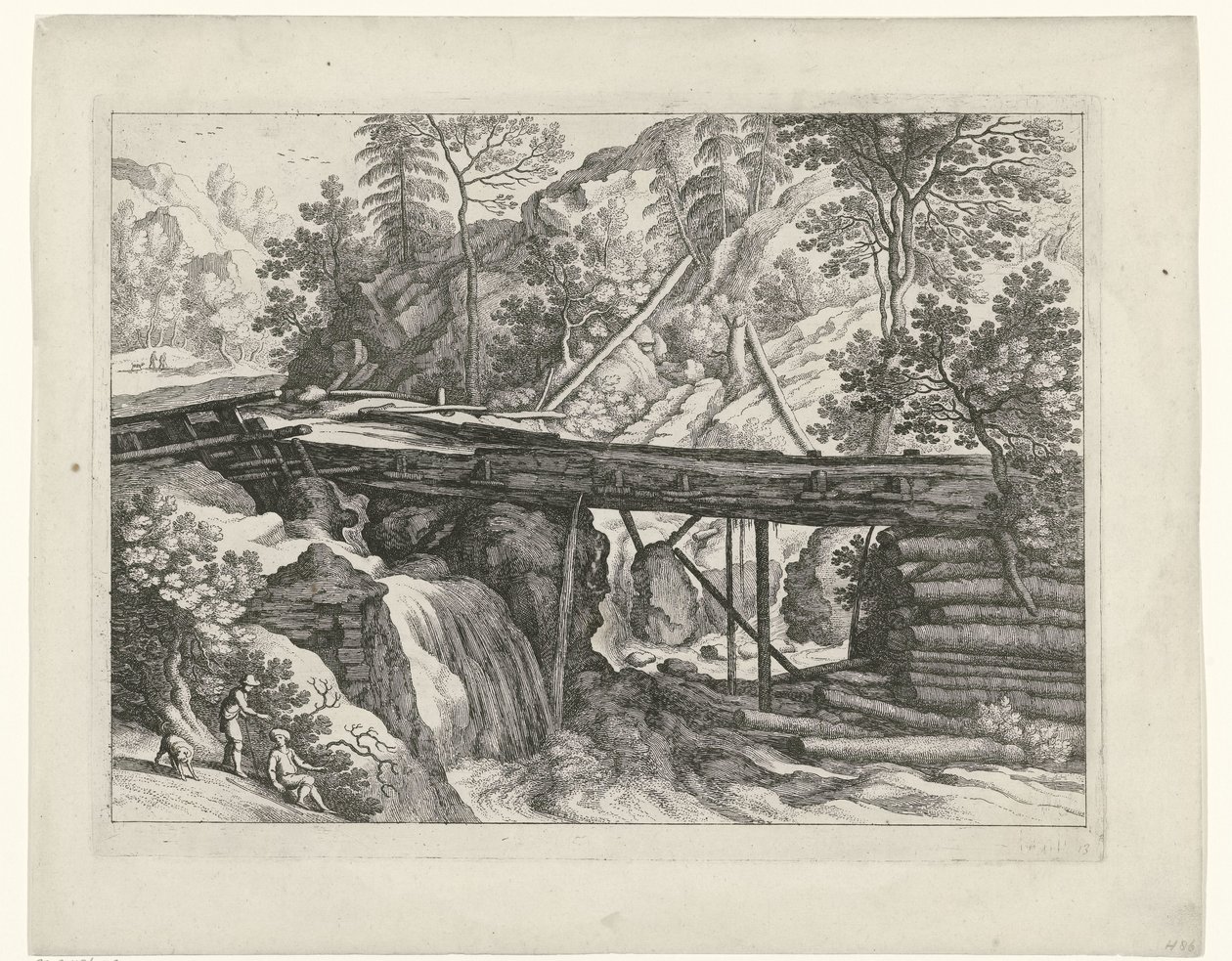 Vuoristomaisema puisella akveduktilla Italian maisemat (sarjan nimi) tekijältä Willem van Nieulandt (II)