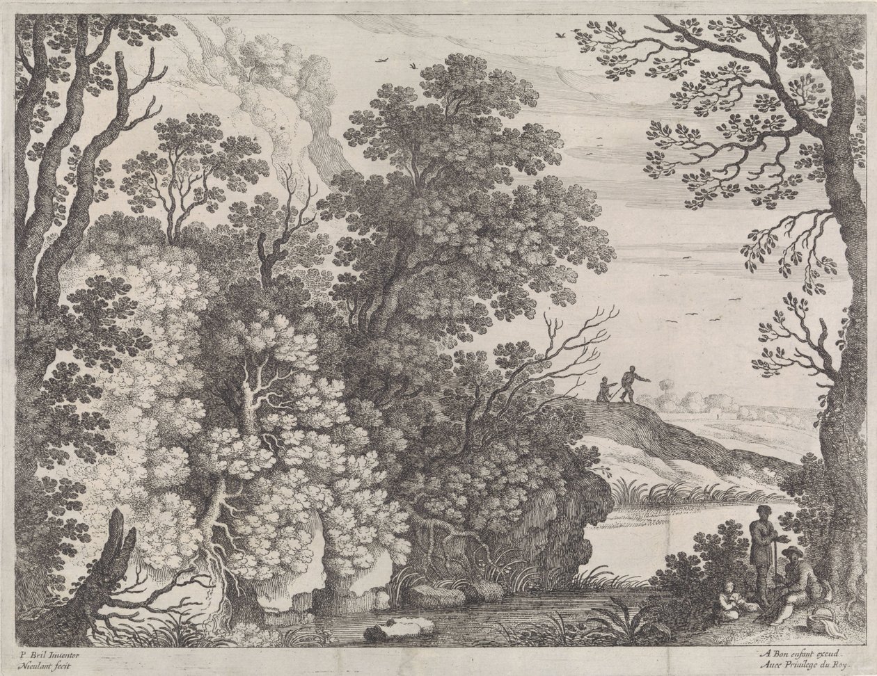 metsäinen maisema Italian maisemat (sarjan nimi) tekijältä Willem van Nieulandt (II)