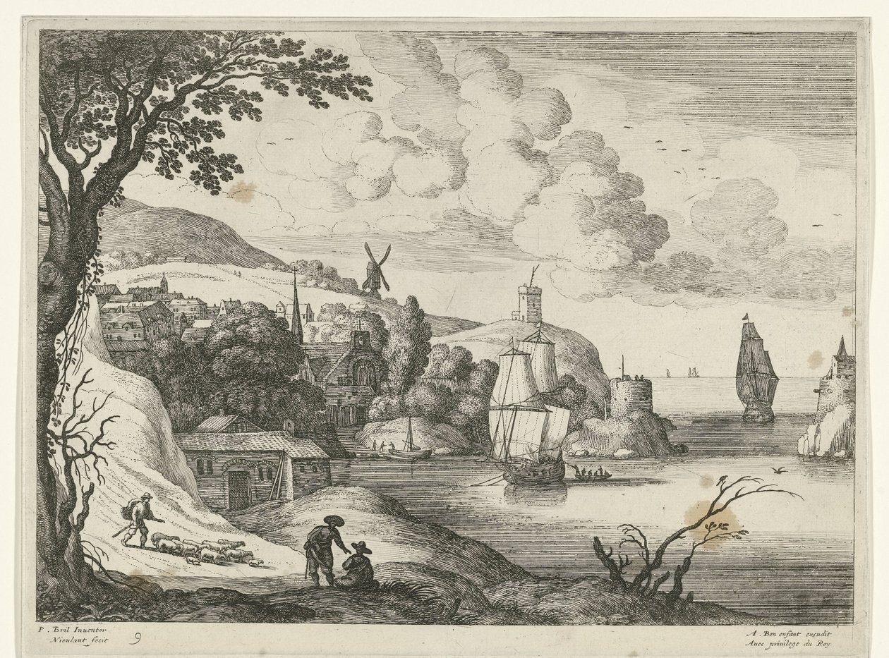 Kylä lahden rannalla Italian maisemat (sarjan nimi) tekijältä Willem van Nieulandt (II)