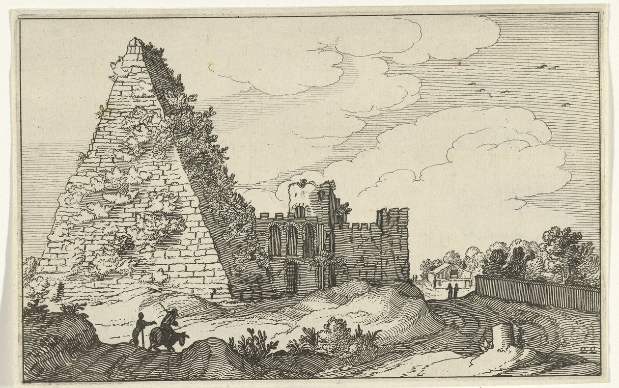 Gaius Cestiuksen pyramidi Roomalaiset rauniot ja rannikkomaisemat (sarja 1) (sarjan nimi) tekijältä Willem van Nieulandt (II)
