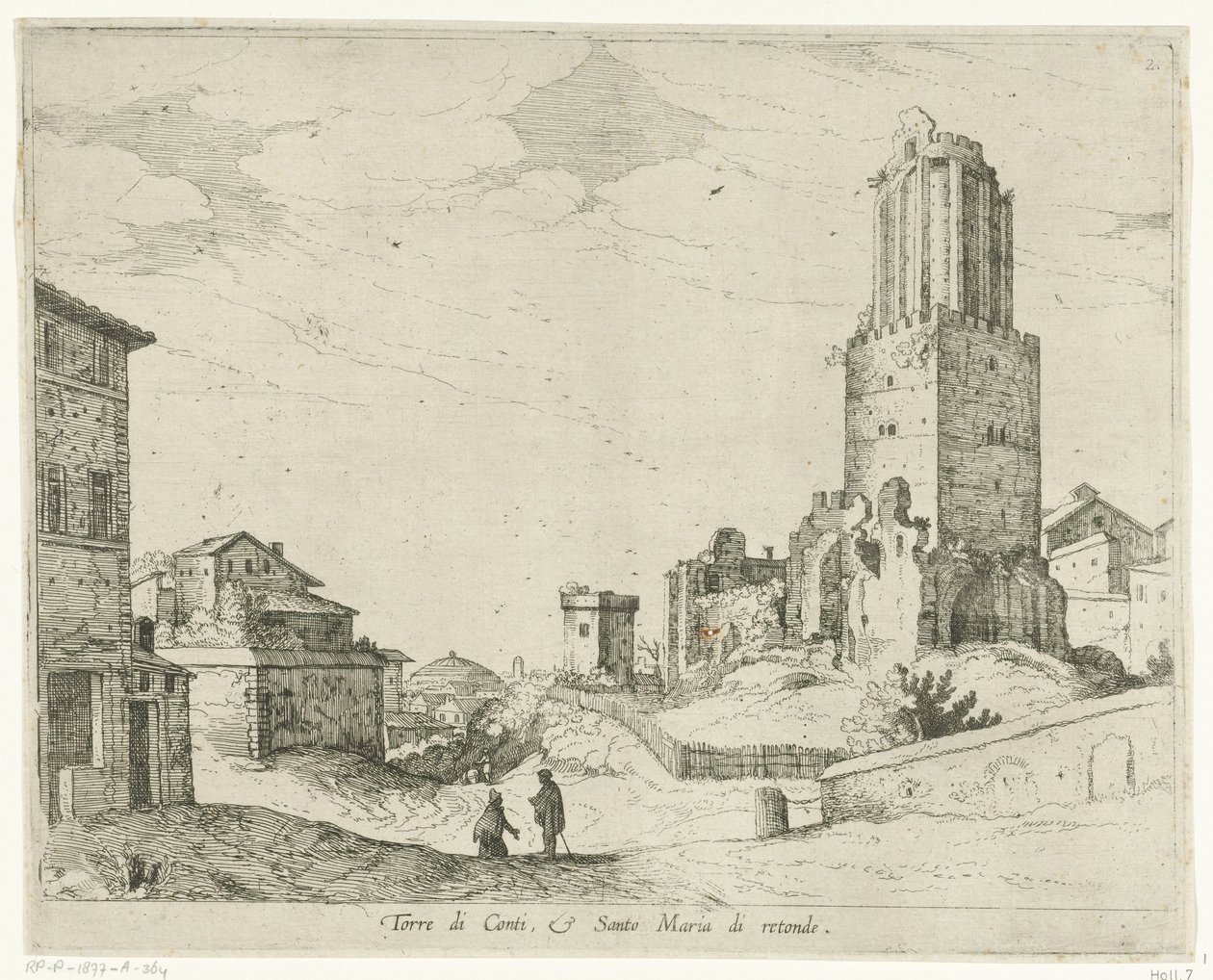 Torre delle Milizie ja Pantheon Torre di Conti e Santo Maria di retonde (otsikko esineessä) Rooman näkymät (sarjan nimi) tekijältä Willem van Nieulandt (II)