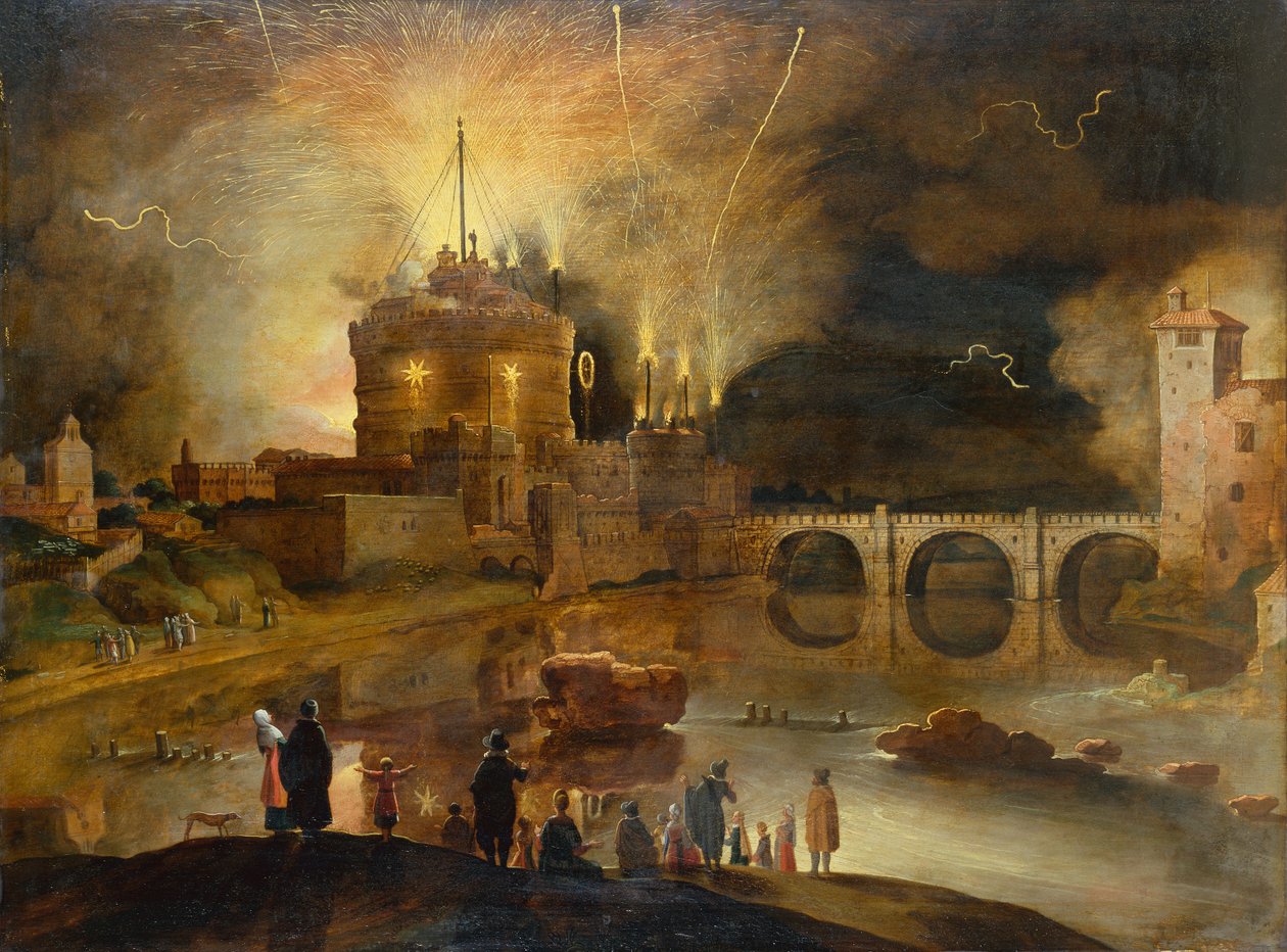 Castel Sant Angelo, Rooma, kaupunkilaiset katsomassa ilotulitusnäytöstä yöllä (öljy paneelissa) tekijältä Willem van Nieulandt