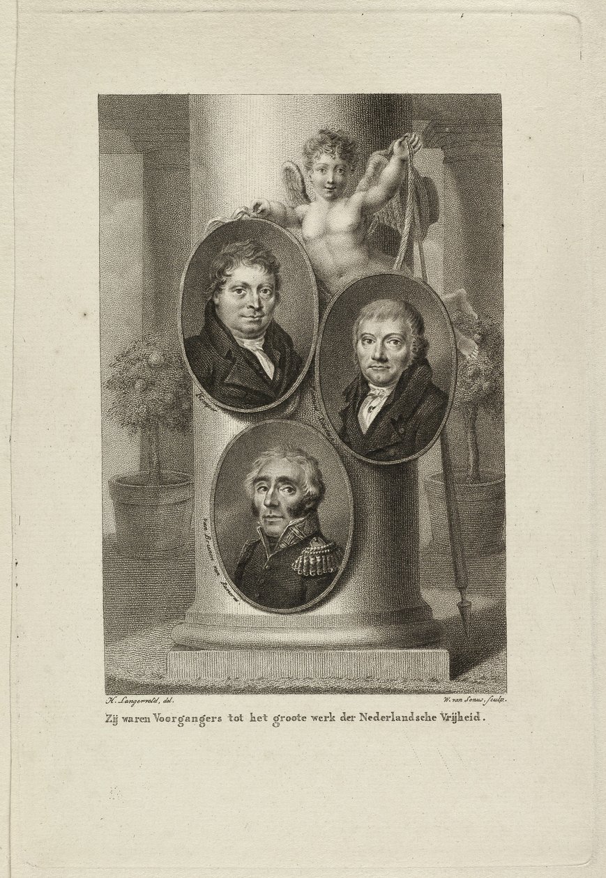 Muistomerkki, jossa on Joan Melchior Kemperin, Cornelis Anthony Fannius Scholtenin, Gijsbert Carel Rutger Reinier van Brienen van Rameruksen muotokuvat. NL-HlmNHA 1477 53011449 tekijältä Willem van Senus