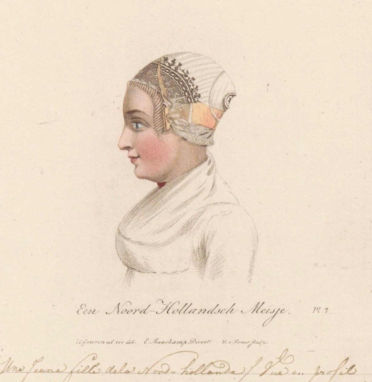 Tytön päähine Pohjois-Hollannista, 1816 Pohjois-Hollannin tyttö / Une Jeune fille de la Nord-hollande / Vue en profil (otsikko esineessä) tekijältä Willem van Senus