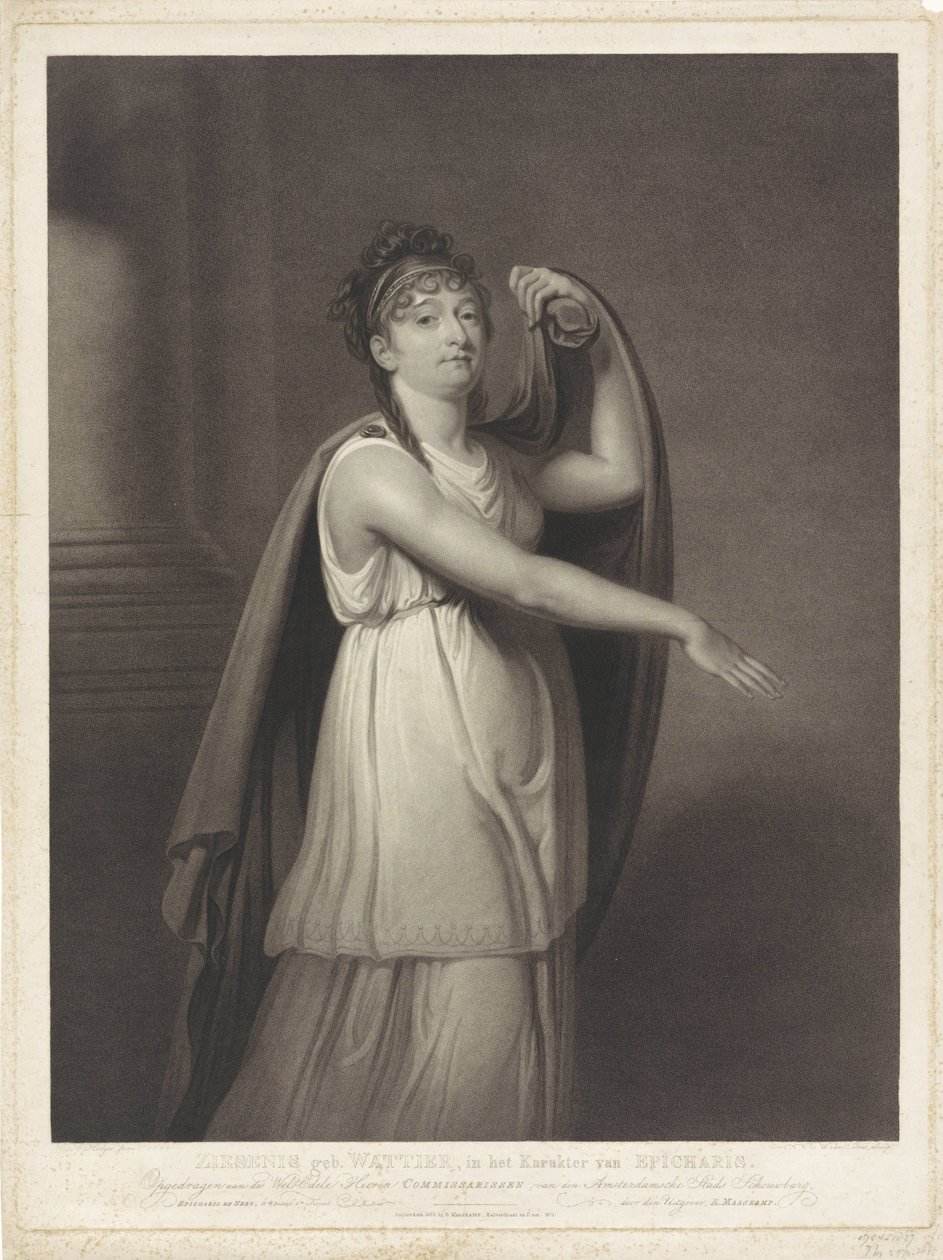 Johanna Cornelia Ziesenis-Wattierin muotokuva Ziesenis s. Wattier, Epichariksen hahmossa (otsikko esineessä) tekijältä Willem van Senus