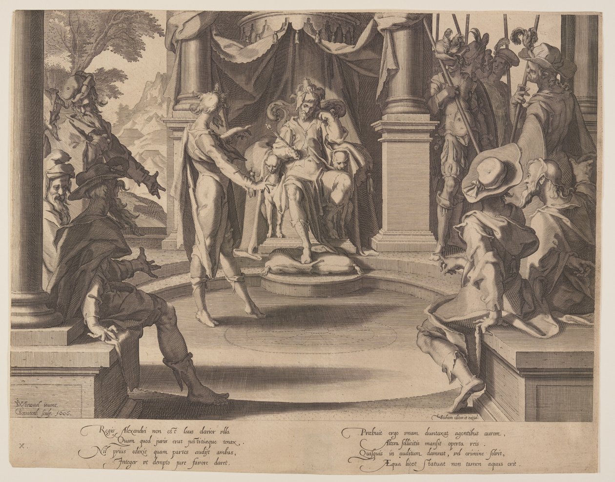 Aleksanteri Suuri tuomarina, levy 10 teoksesta Oikeuden valtaistuimet (Thronus Iustitiae). tekijältä Willem van Swanenburgh