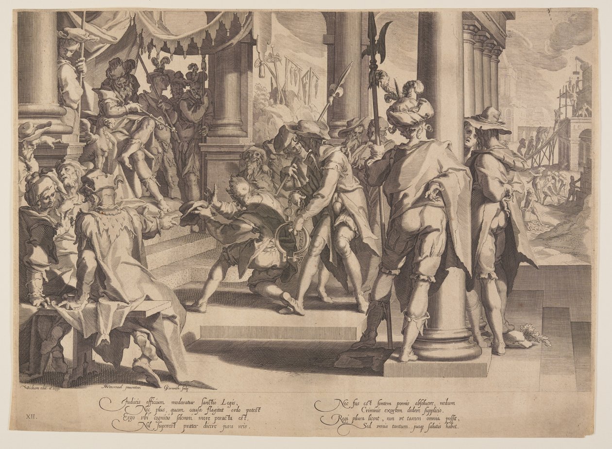 Oikeuden allegoria, lain pyhyys, levy 12 teoksesta Oikeuden valtaistuimet (Thronus Iustitiae). tekijältä Willem van Swanenburgh