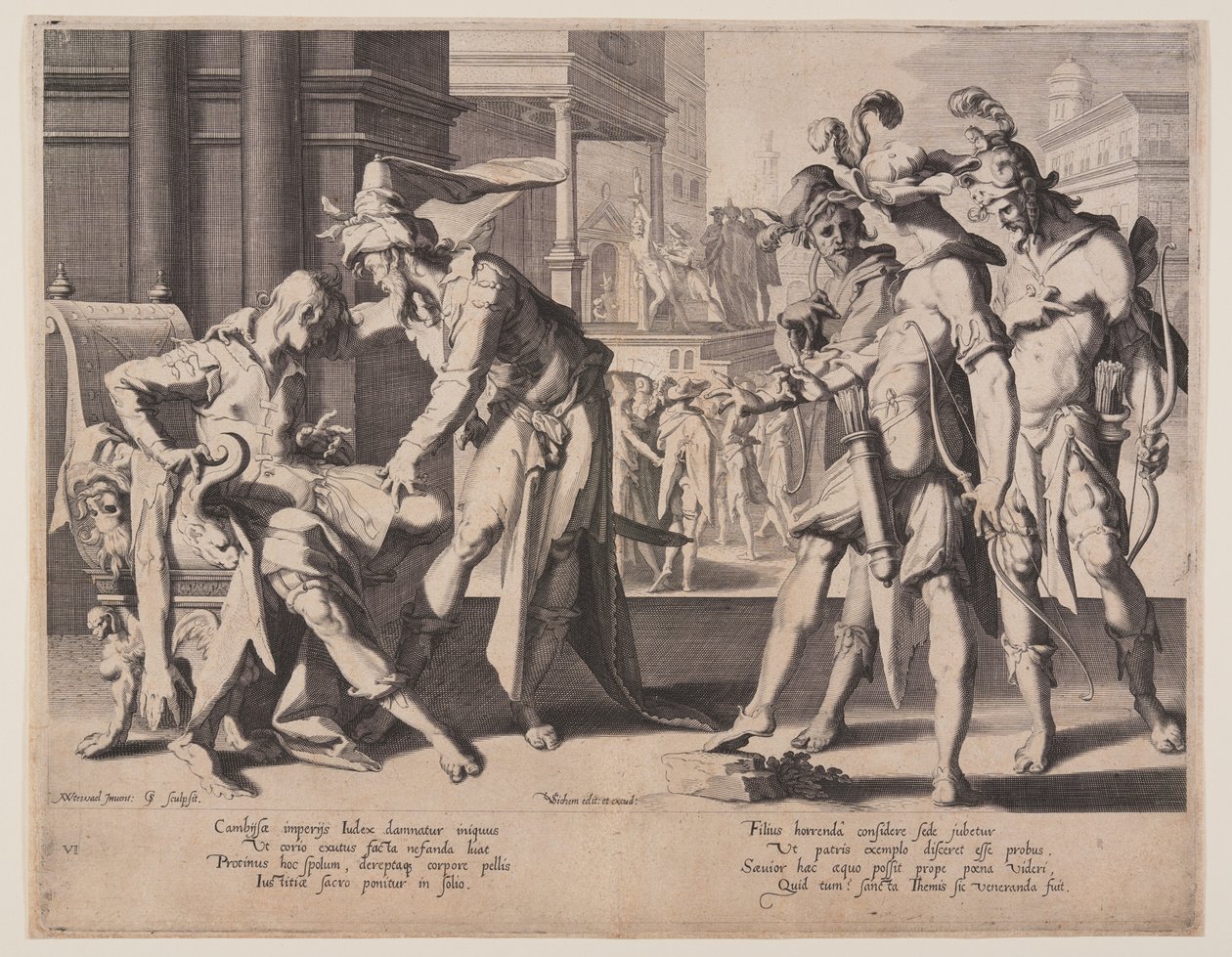 Cambyses käskee nylkemistä, levy 6 teoksesta Thrones of Justice (Thronus Iustitiae). tekijältä Willem van Swanenburgh
