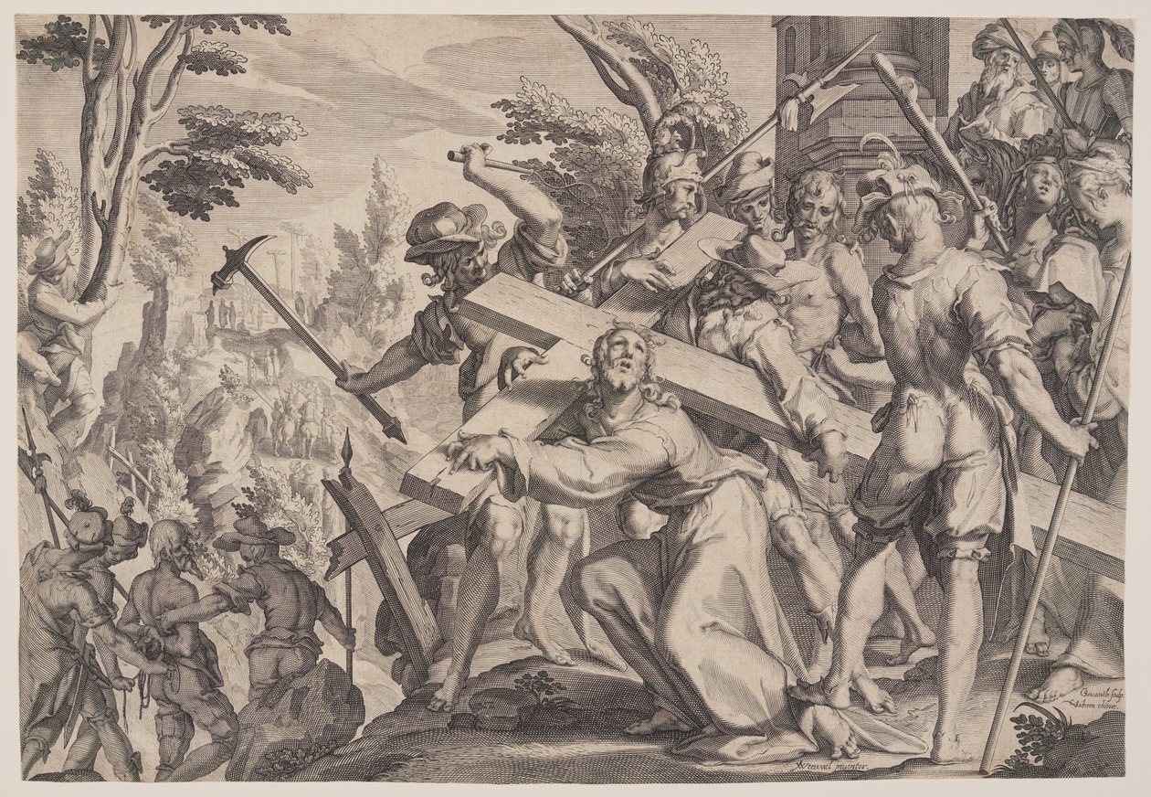 Kristus kantaa ristiä, levy 4 teoksesta Oikeuden valtaistuimet (Thronus Iustitiae). tekijältä Willem van Swanenburgh