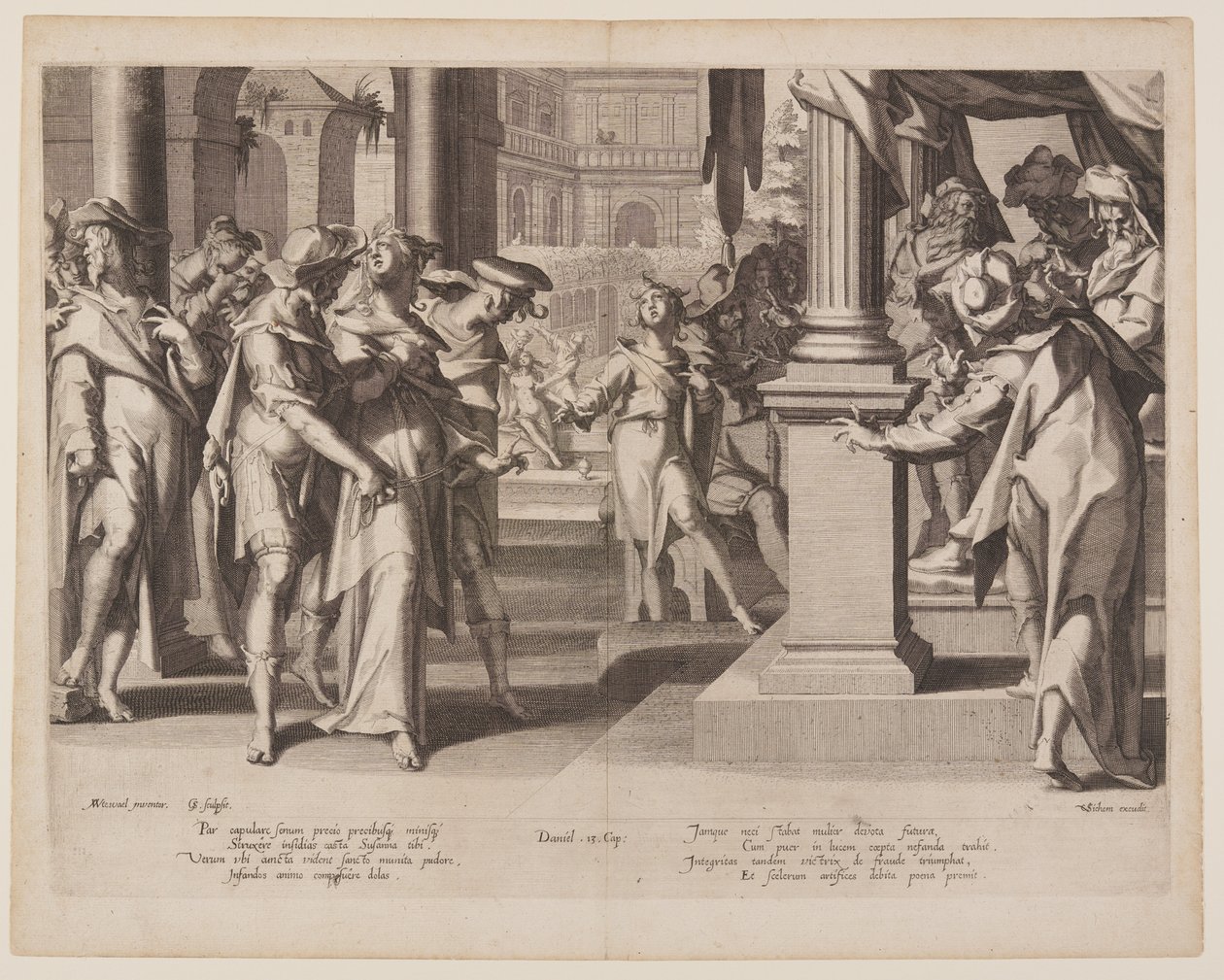 Susanna ennen Danielia, levy 3 teoksesta Oikeuden valtaistuimet (Thronus Iustitiae). tekijältä Willem van Swanenburgh