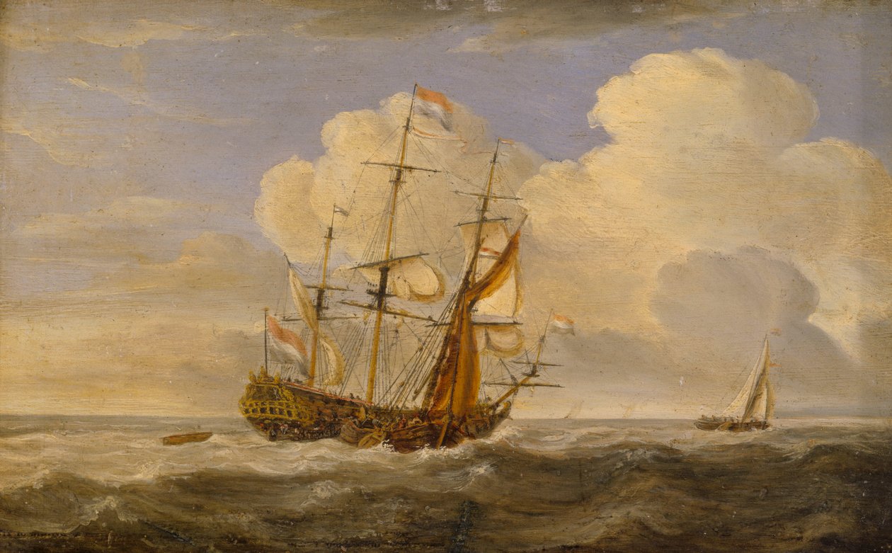 Hollantilainen lippulaiva tuulen edessä, 1600-luvun loppupuoli - 1700-luvun alku (öljy paneelille). tekijältä Willem van de II (follower of) Velde