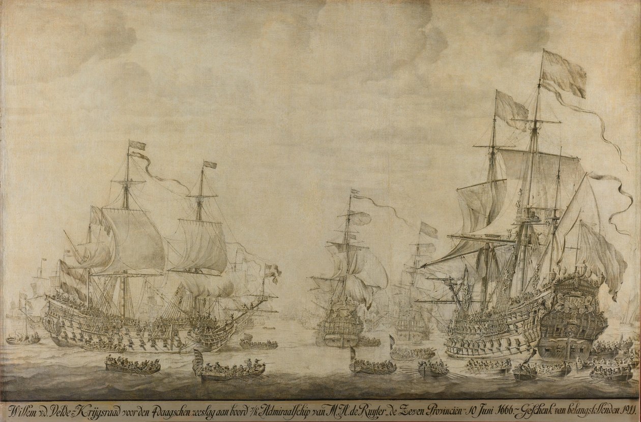 Sotaneuvosto seitsemän provinssin laivalla, Michiel Adriaensz de Ruyterin lippulaivalla, 10. kesäkuuta 1666, ennen neljän päivän taistelua: jakso toisesta Englannin ja Hollannin sodasta tekijältä Willem van de Velde (I)