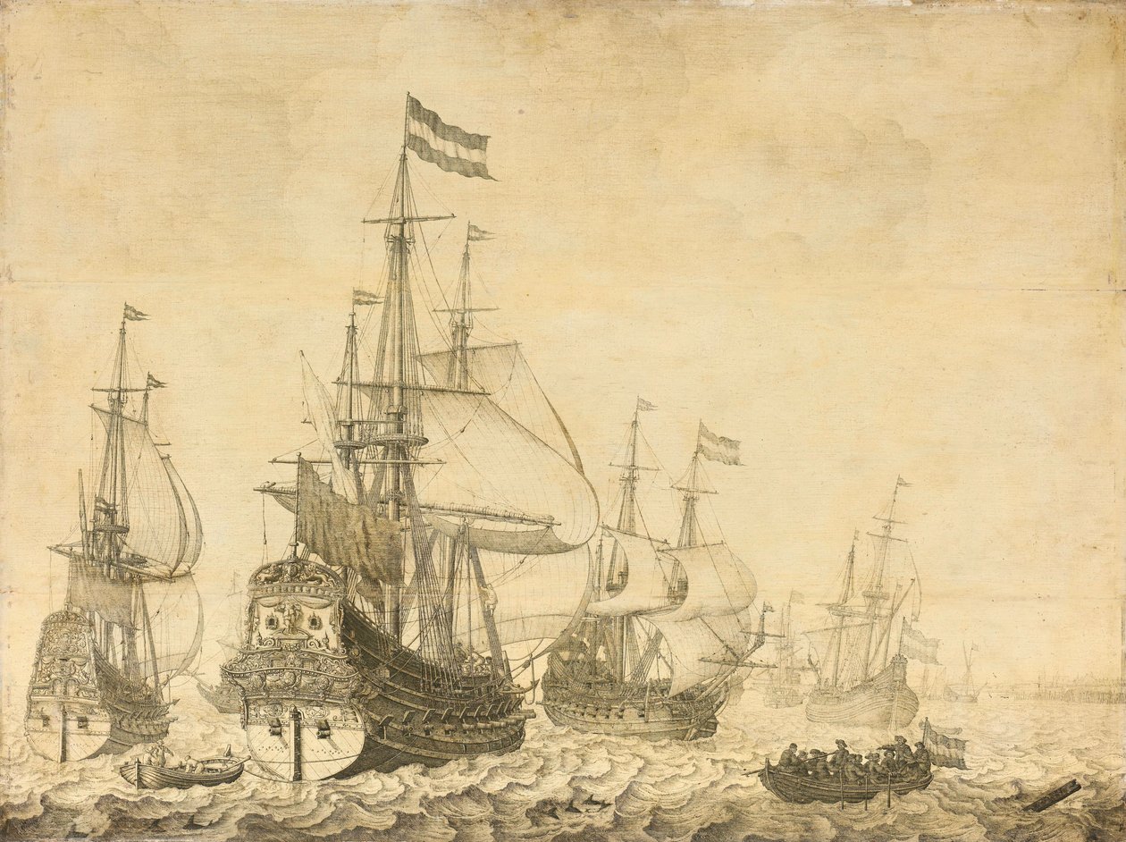 Merimaisema hollantilaisten sotamiesten kanssa, mukaan lukien Drenthe ja prinssi Frederick-Henry tekijältä Willem van de Velde (I)