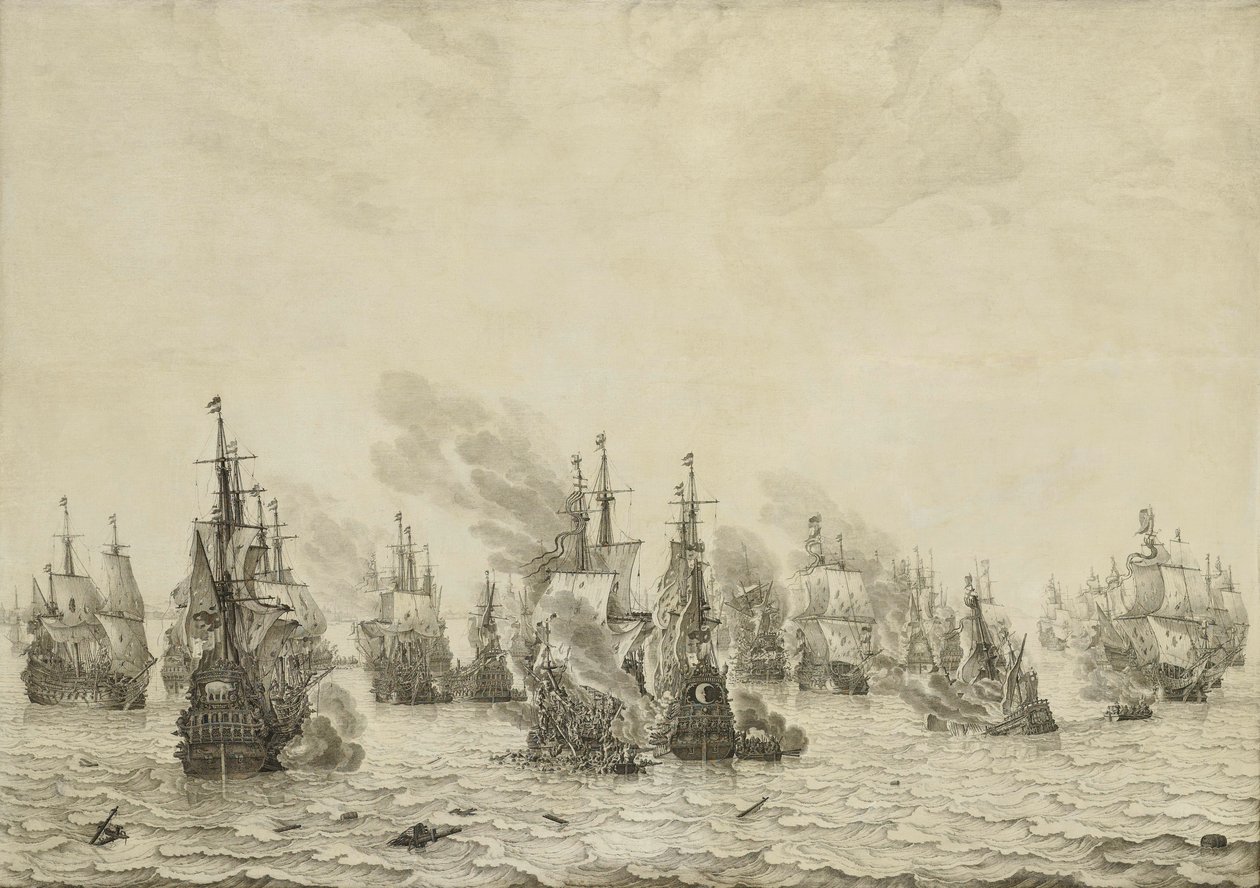 Livornon taistelu (Leghorn) Livornon meritaistelu, 14. maaliskuuta 1653: Jakso ensimmäisestä Englannin merisodasta (1652-54) tekijältä Willem van de Velde (I)