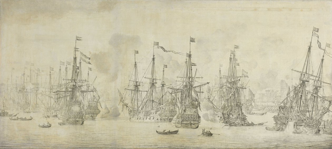 Englantilaisten epäonnistunut hyökkäys paluulaivastoa vastaan Bergenin satamassa, Norjassa, 12. elokuuta 1665: jakso toisesta Englannin ja Hollannin sodasta tekijältä Willem van de Velde (I)