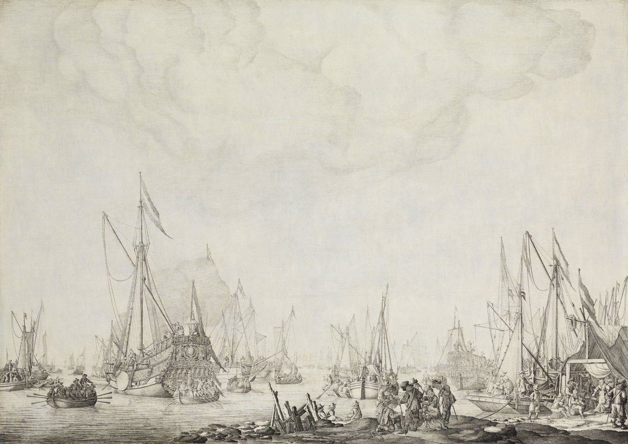 Kuninkaalliset ja osavaltion jahdit, mahdollisesti Englannin Charles II:n saapuminen Moerdijkiin, 1660 tekijältä Willem van de Velde (I)