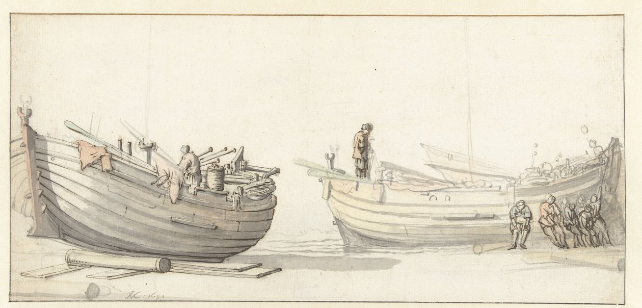 Tutkimus kahdesta kalastusveneestä hahmoilla tekijältä Willem van de Velde (II) (attributed to)