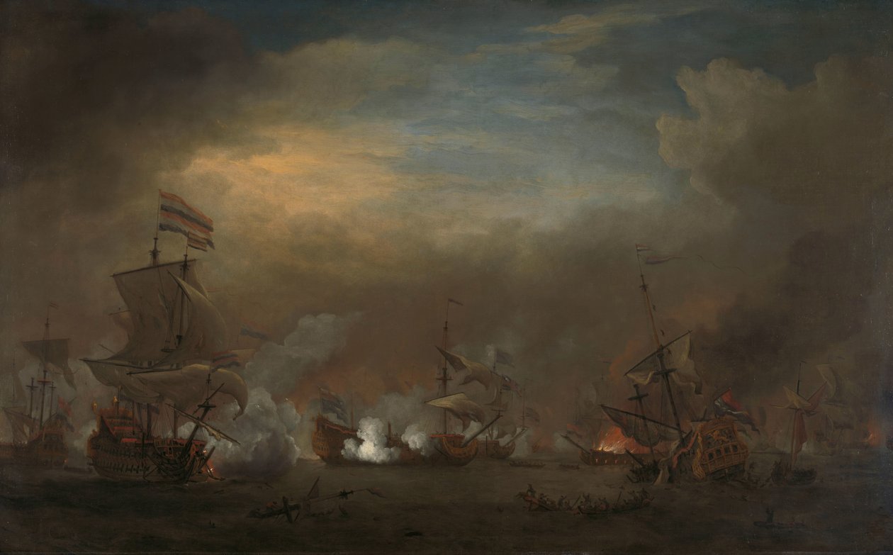 Tapaaminen Kijkduinin taistelun aikana Meritaistelu Cornelis Trompin Gouden Leeuwilla ja Sir Edward Spraggin välillä kuninkaallisessa prinssissä Kijkduinin taistelun aikana (Texelin taistelu), 21. elokuuta 1673: jakso kolmannesta anglo-hollantilaissodasta tekijältä Willem van de Velde (II)