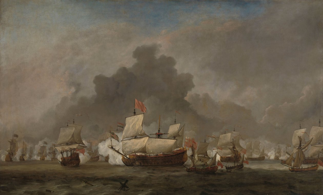 Meritaistelu Michiel Adriaensz de Ruyterin ja Yorkin herttuan välillä kuninkaallisesta prinssistä Solebayn taistelun aikana, 7. kesäkuuta 1672: jakso kolmannesta Englannin-Hollannin sodasta tekijältä Willem van de Velde (II)