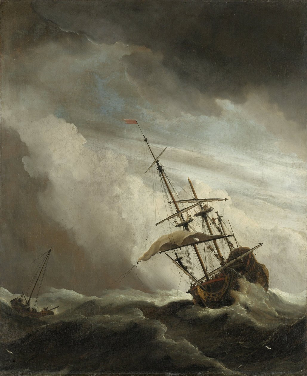 Laiva aavalla merellä, jota ryöppy, niin sanottu puuska, riepottelee, 1680. tekijältä Willem van de Velde