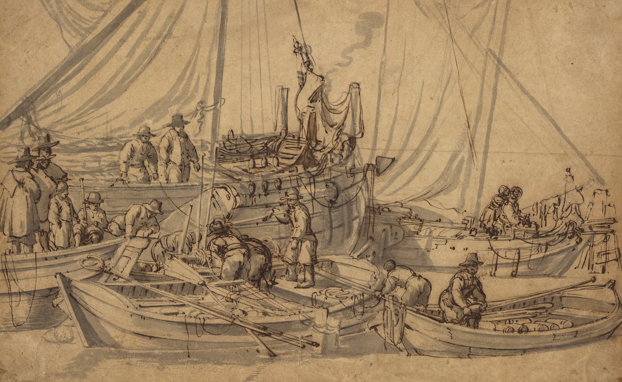 Figuurit pienillä kauppa-aluksilla, n. 1650-5 (kynä, ruskea muste ja pesupiirustus) tekijältä Willem van de Velde