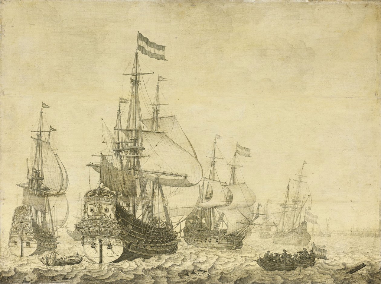 Merimaisema hollantilaisten sotamiesten kanssa, mukaan lukien Drenthe ja prinssi Frederick-Henry, n. 1670 (maalaus paneelissa) tekijältä Willem van de Velde
